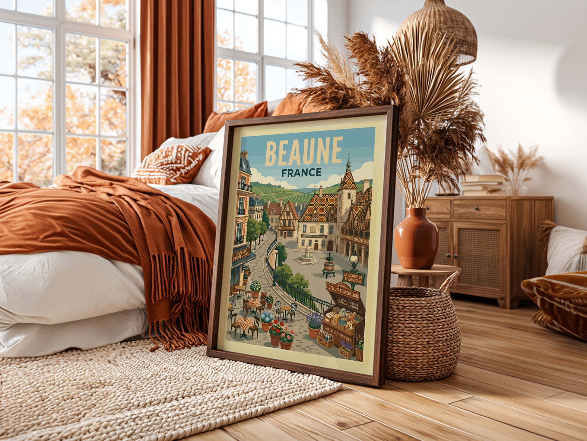 Vintage travel poster of Beaune, France, featuring charming architecture and a retro illustration style.