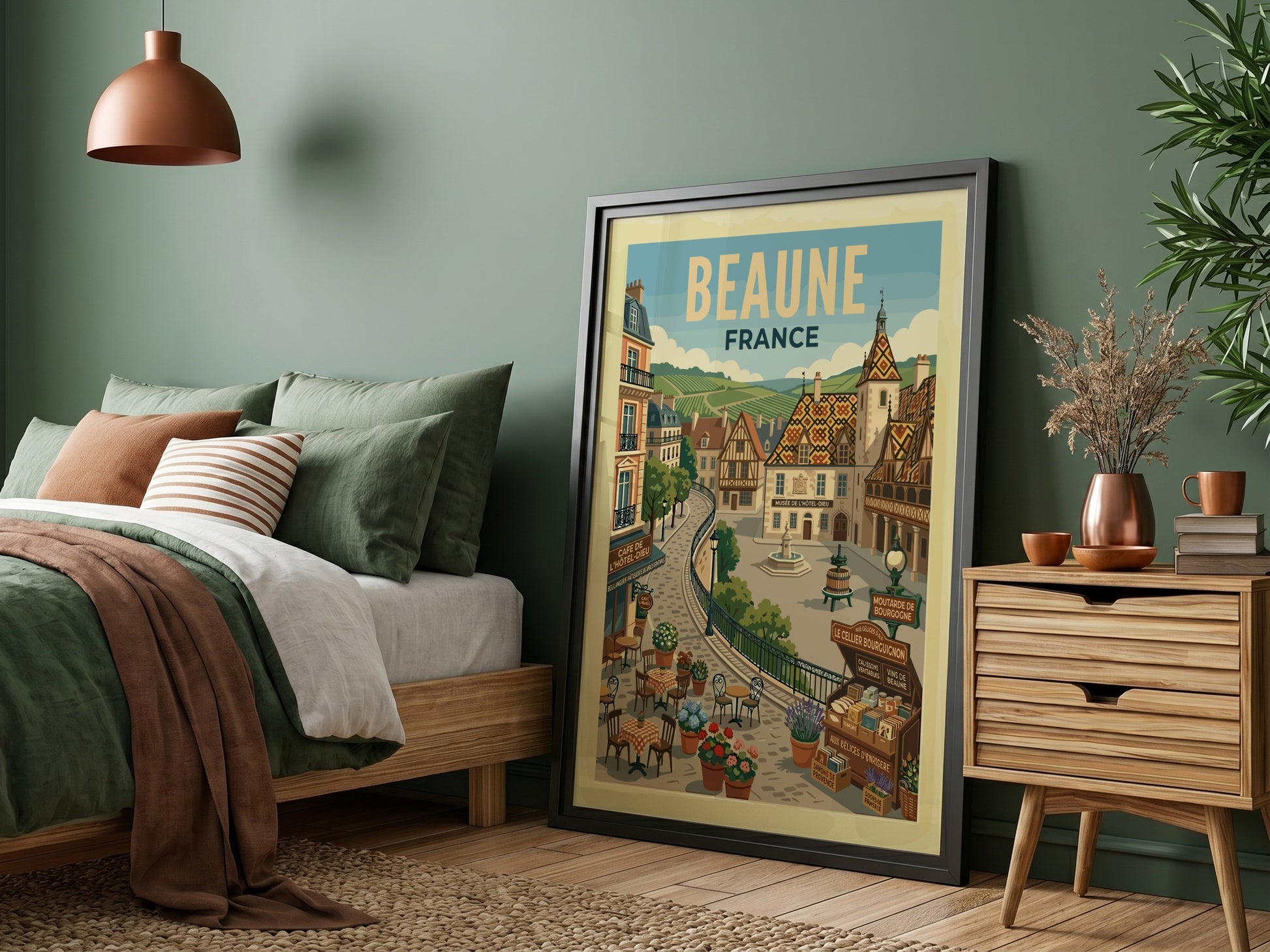 Vintage travel poster of Beaune, France, featuring charming architecture and a retro illustration style.