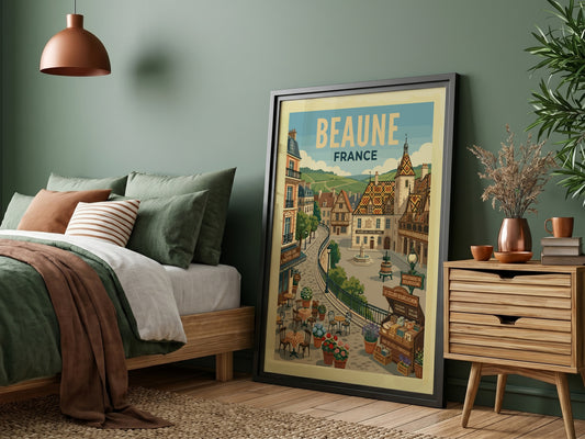 Vintage travel poster of Beaune, France, featuring charming architecture and a retro illustration style.