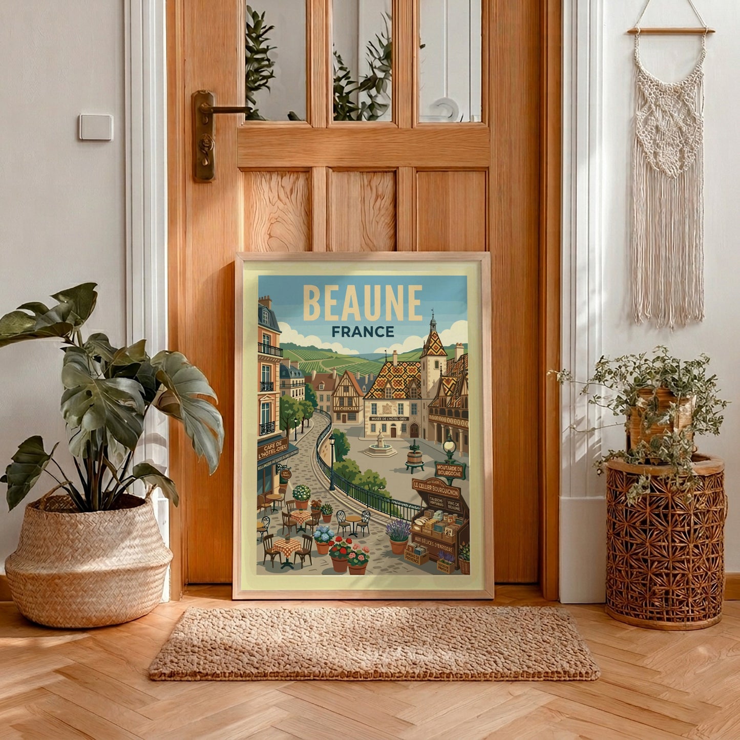 Vintage travel poster of Beaune, France, featuring charming architecture and a retro illustration style.