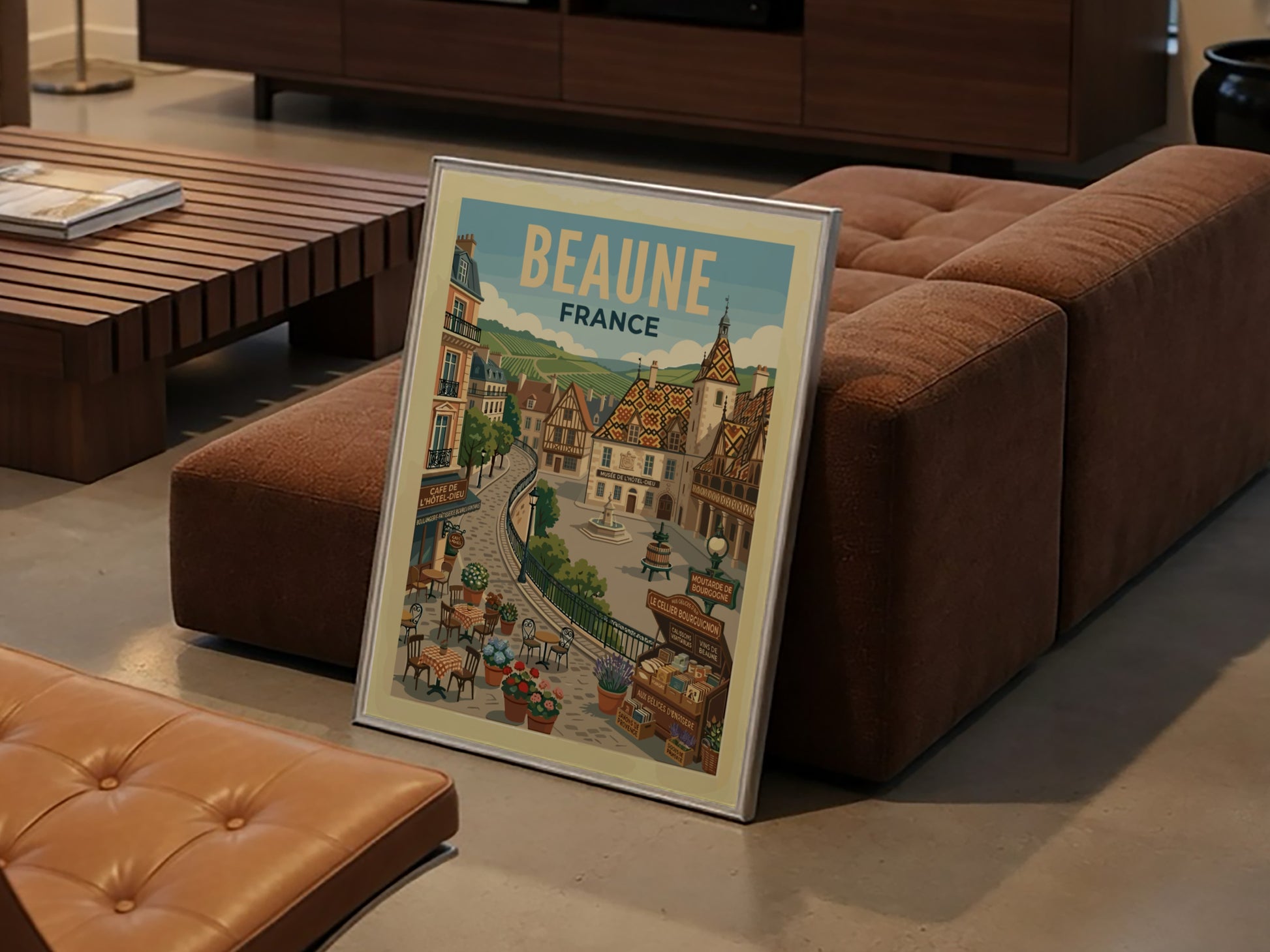 Vintage travel poster of Beaune, France, featuring charming architecture and a retro illustration style.