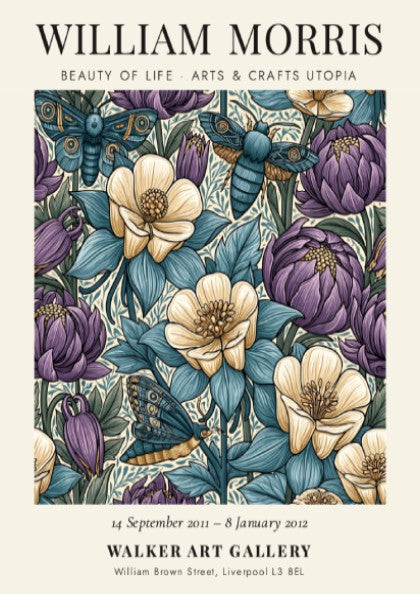 William Morris poster featuring floral patterns in blue, purple, and cream colors, showcasing Arts & Crafts