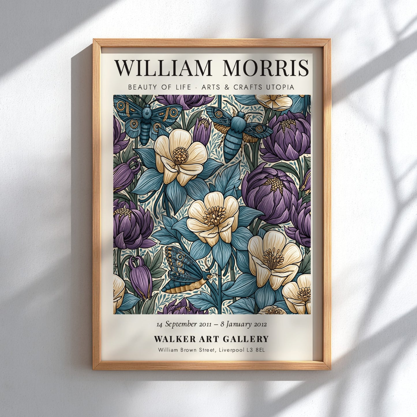 William Morris poster featuring floral patterns in blue, purple, and cream colors, showcasing Arts & Crafts