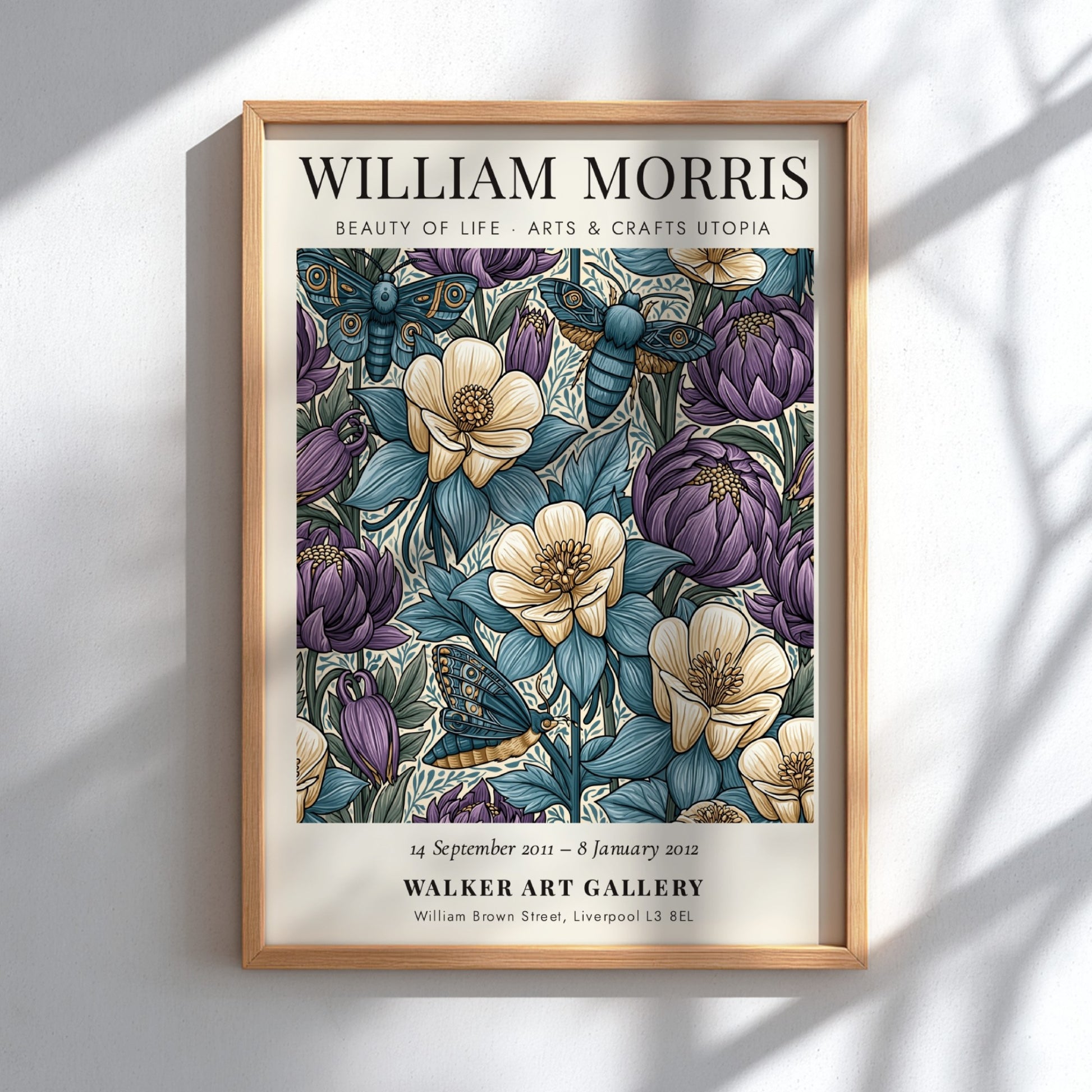 William Morris poster featuring floral patterns in blue, purple, and cream colors, showcasing Arts & Crafts