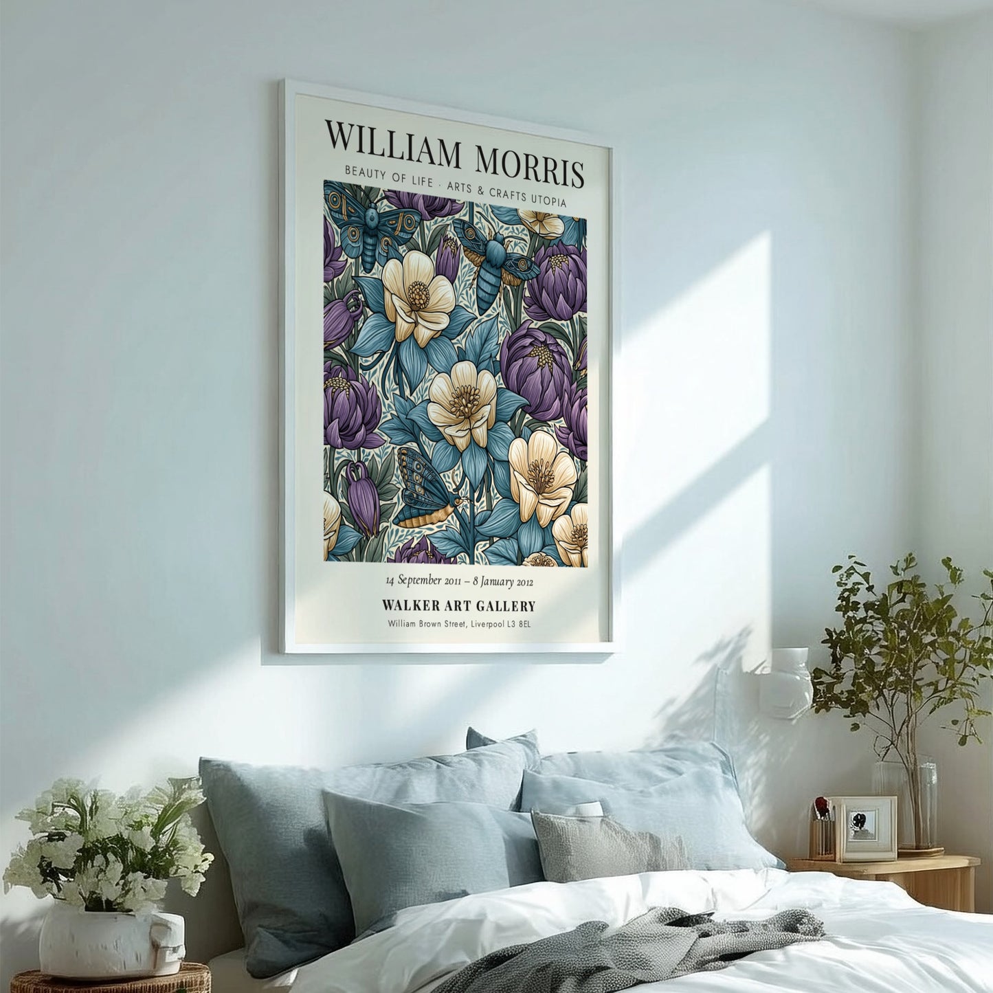William Morris poster featuring floral patterns in blue, purple, and cream colors, showcasing Arts & Crafts