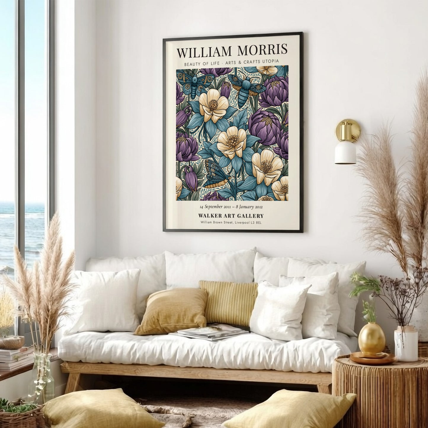 William Morris poster featuring floral patterns in blue, purple, and cream colors, showcasing Arts & Crafts