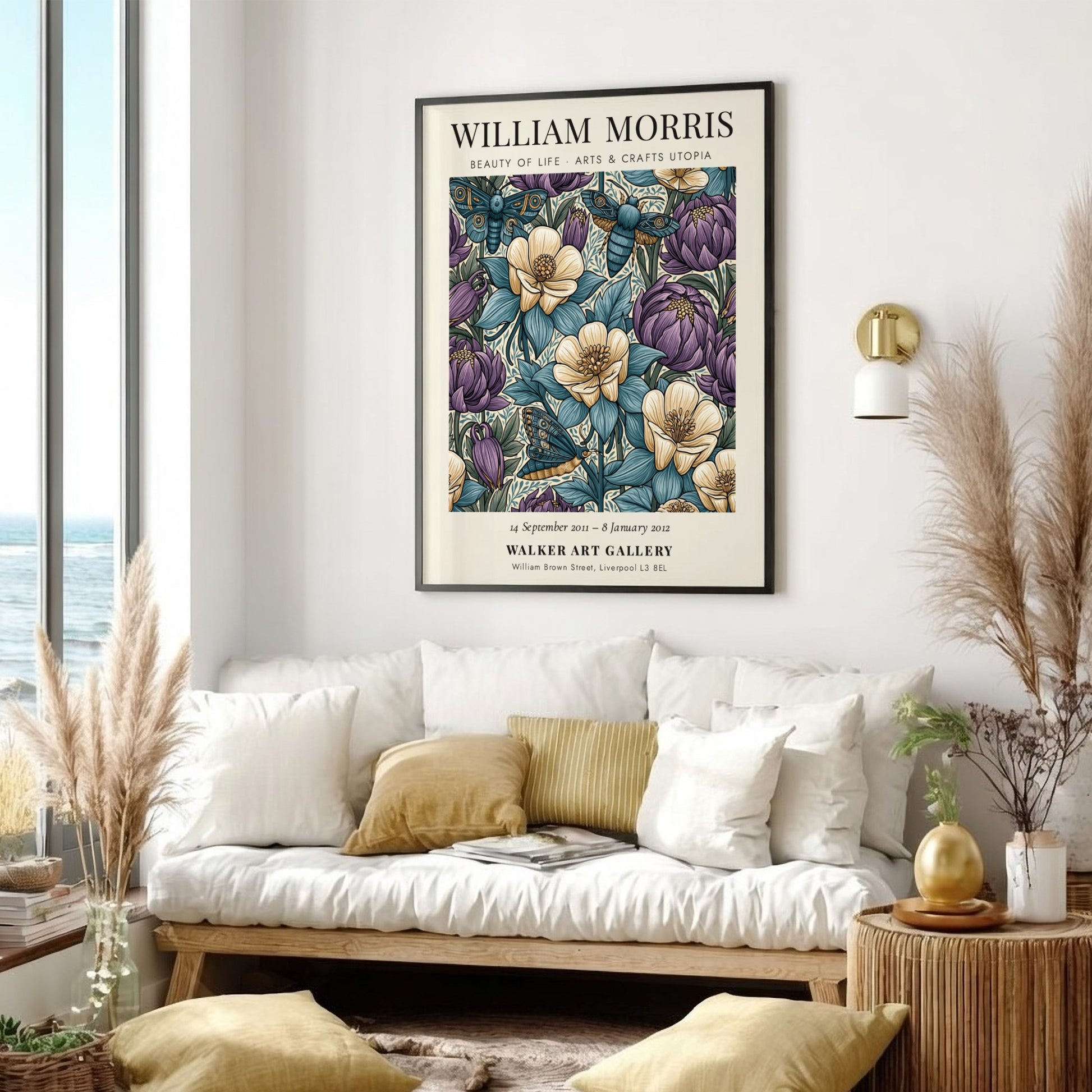 William Morris poster featuring floral patterns in blue, purple, and cream colors, showcasing Arts & Crafts