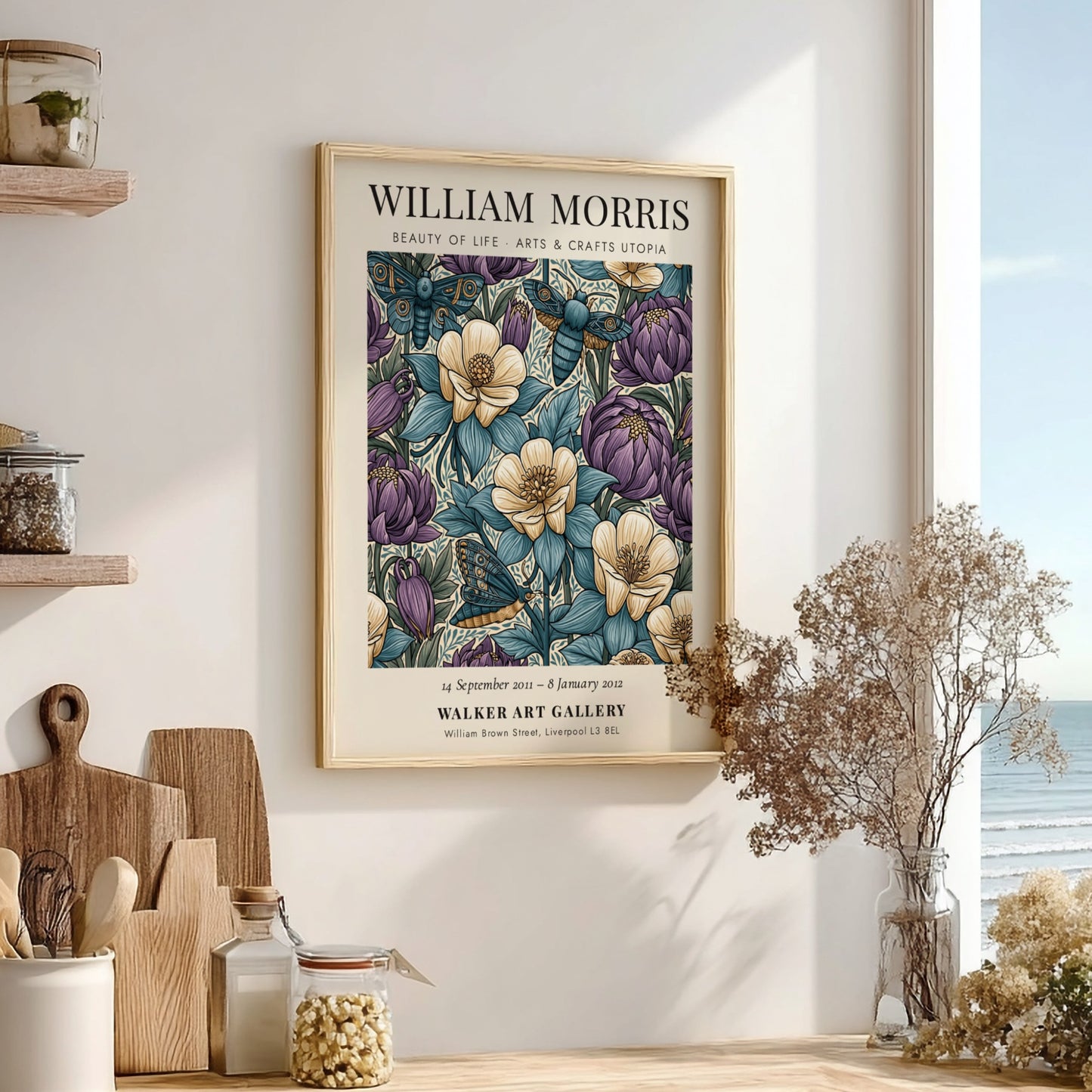 William Morris poster featuring floral patterns in blue, purple, and cream colors, showcasing Arts & Crafts