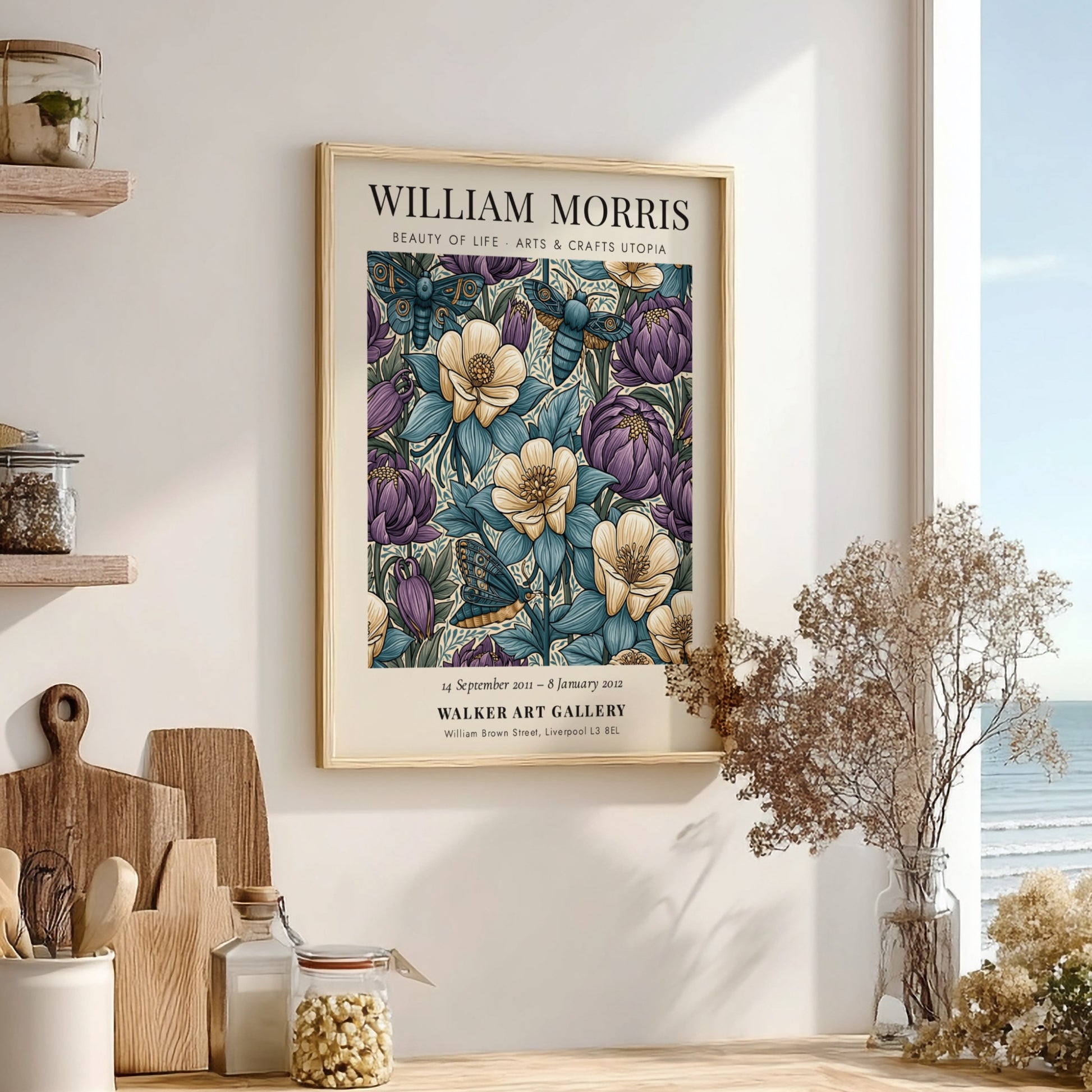 William Morris poster featuring floral patterns in blue, purple, and cream colors, showcasing Arts & Crafts