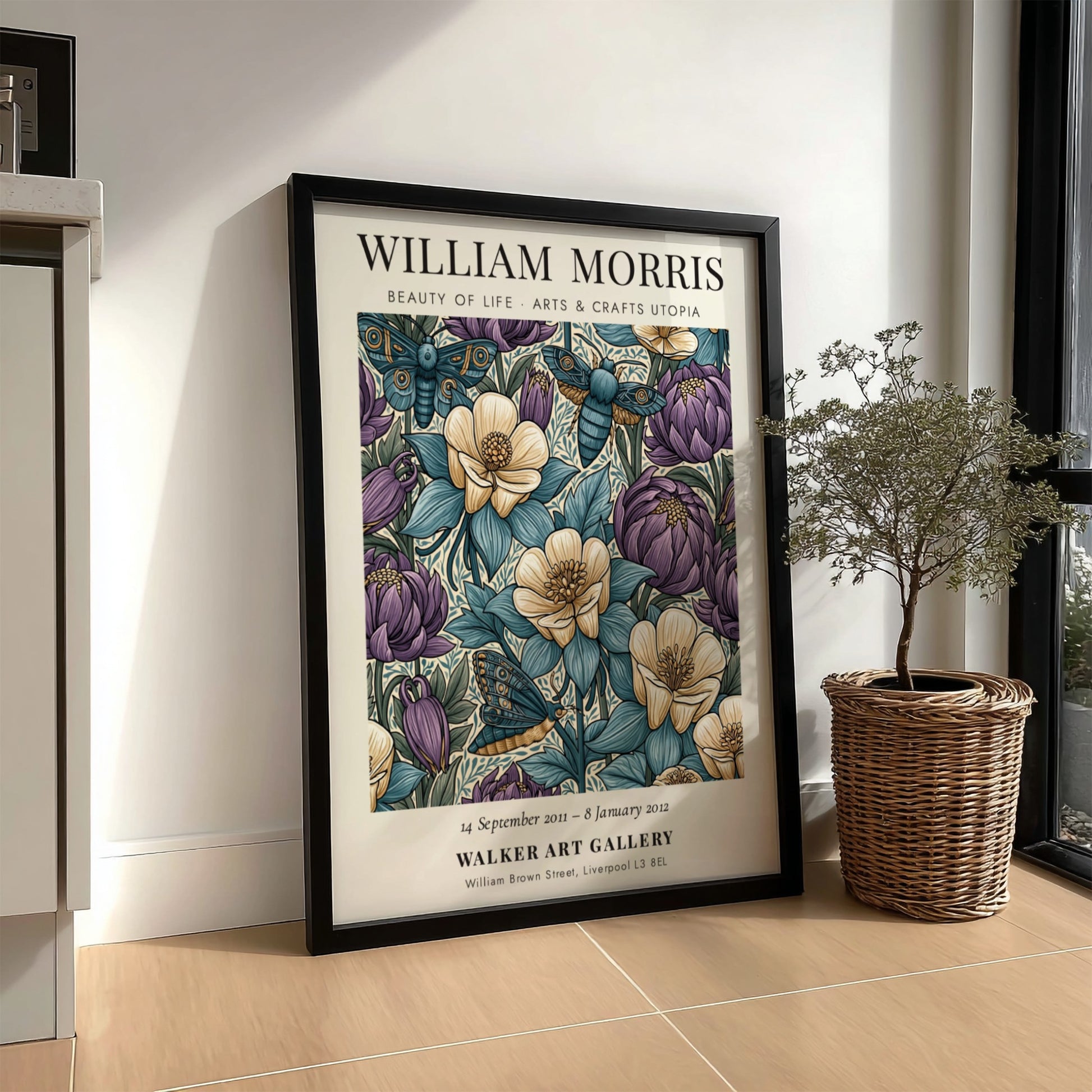 William Morris poster featuring floral patterns in blue, purple, and cream colors, showcasing Arts & Crafts
