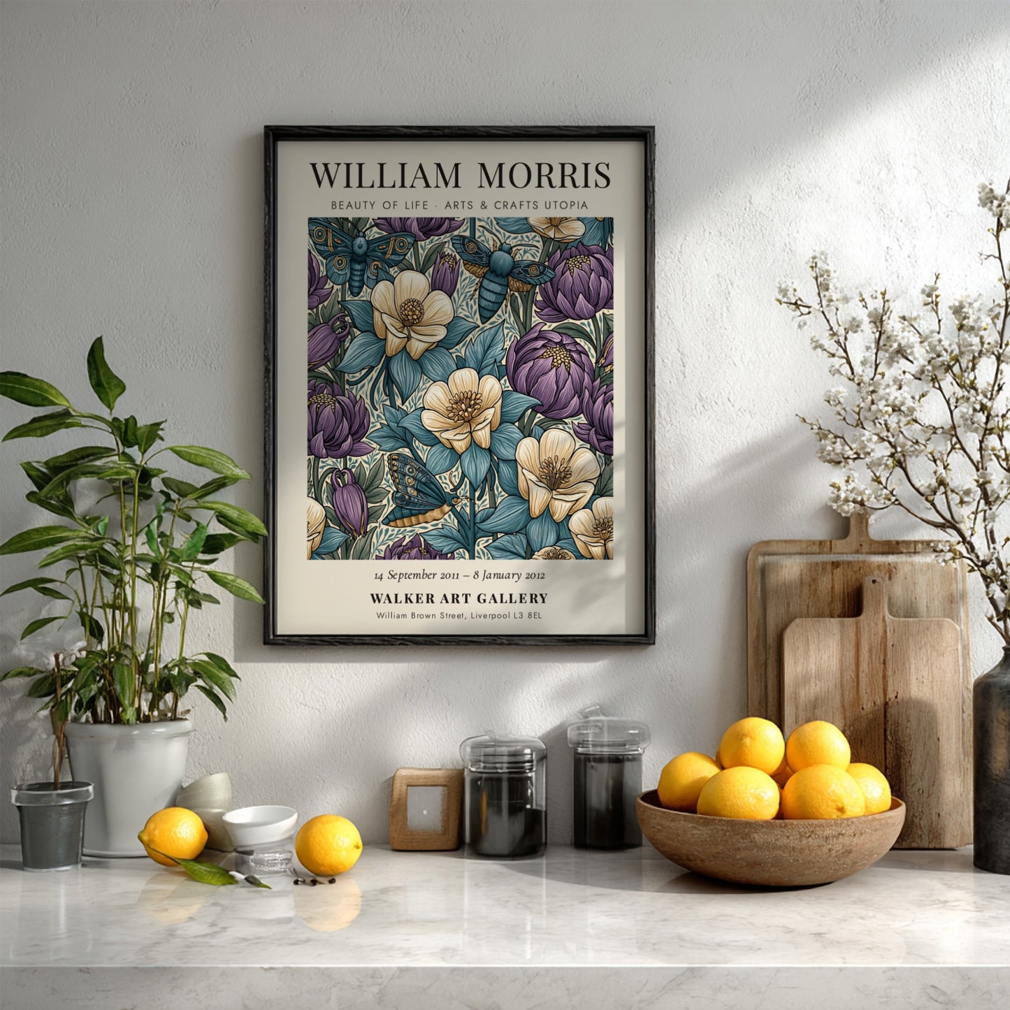 William Morris poster featuring floral patterns in blue, purple, and cream colors, showcasing Arts & Crafts