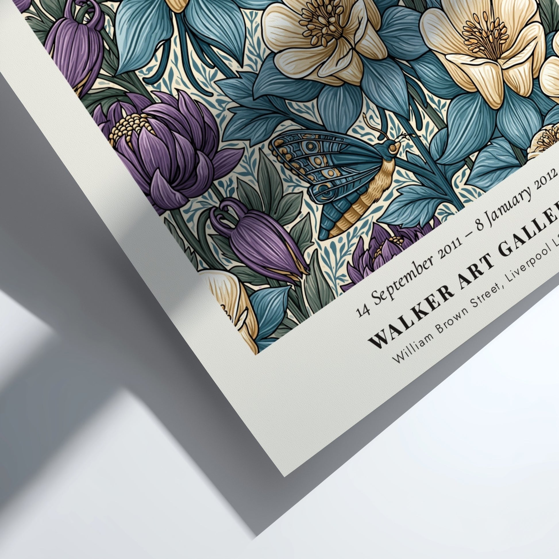 William Morris poster featuring floral patterns in blue, purple, and cream colors, showcasing Arts & Crafts