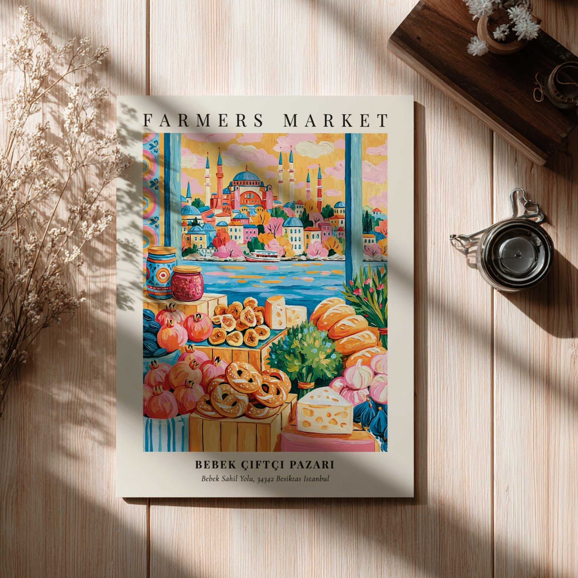 Bebek Çiftçi Pazarı poster featuring colorful produce and Istanbul skyline
