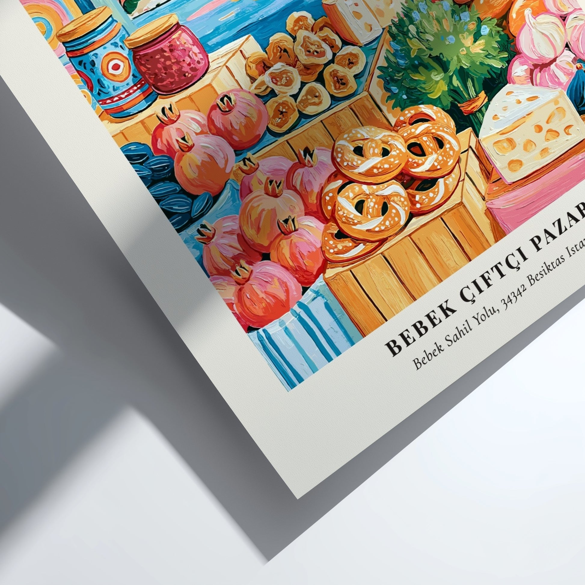 Bebek Çiftçi Pazarı poster featuring colorful produce and Istanbul skyline