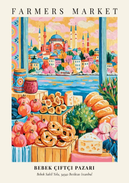 Bebek Çiftçi Pazarı poster featuring colorful produce and Istanbul skyline
