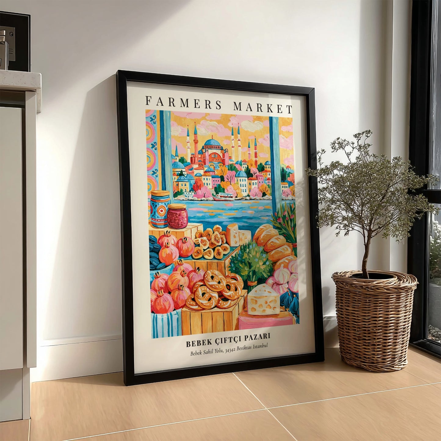 Bebek Çiftçi Pazarı poster featuring colorful produce and Istanbul skyline
