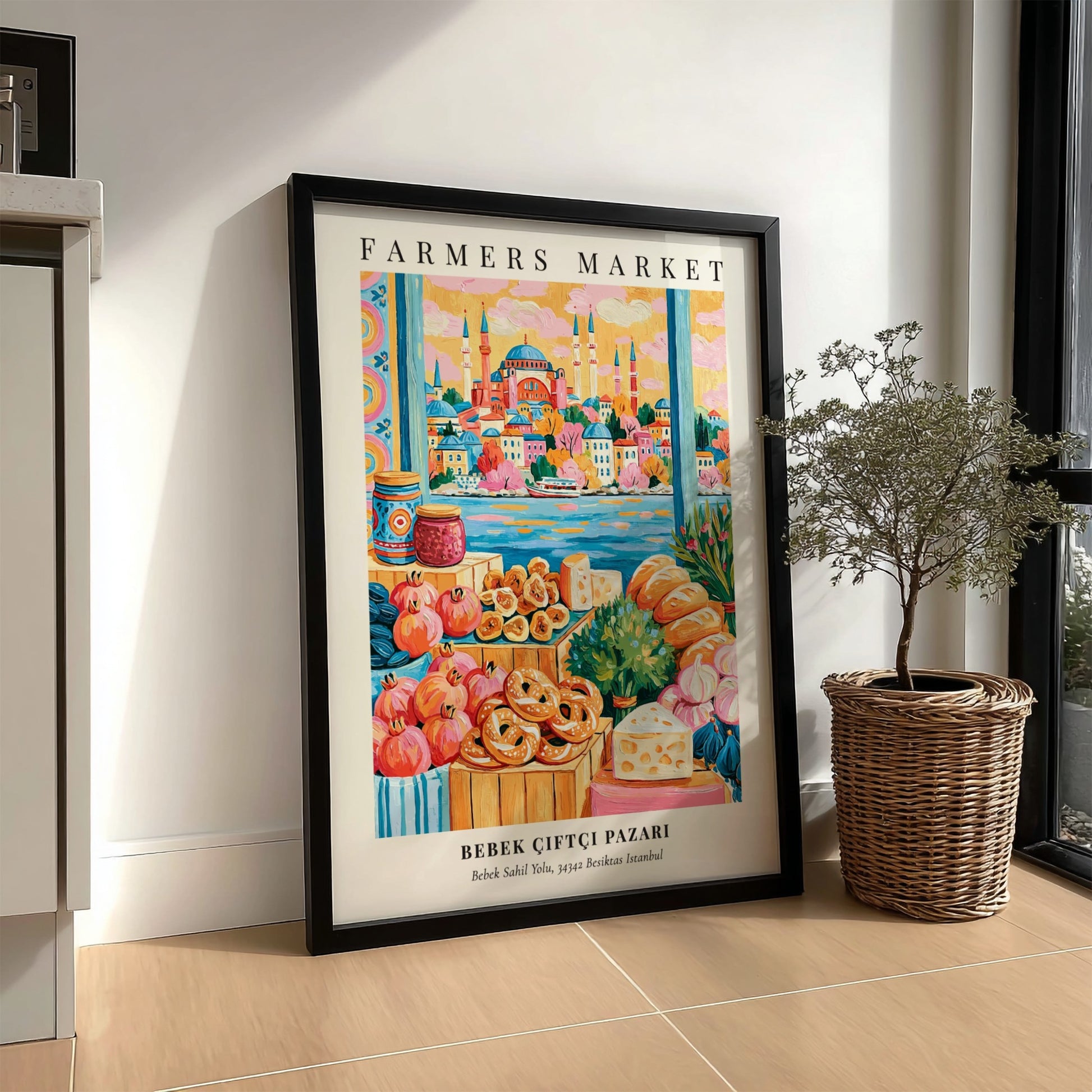 Bebek Çiftçi Pazarı poster featuring colorful produce and Istanbul skyline