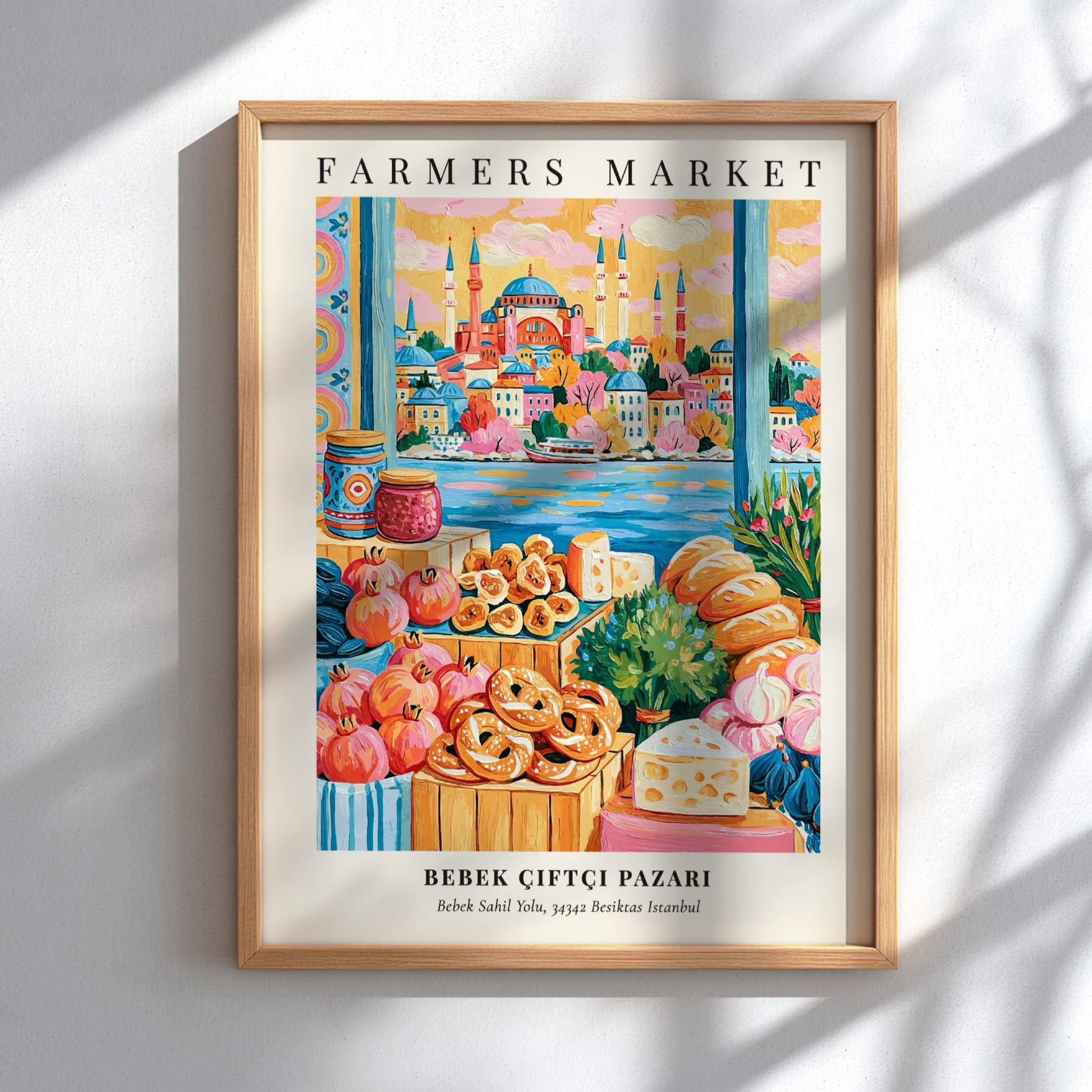 Bebek Çiftçi Pazarı poster featuring colorful produce and Istanbul skyline