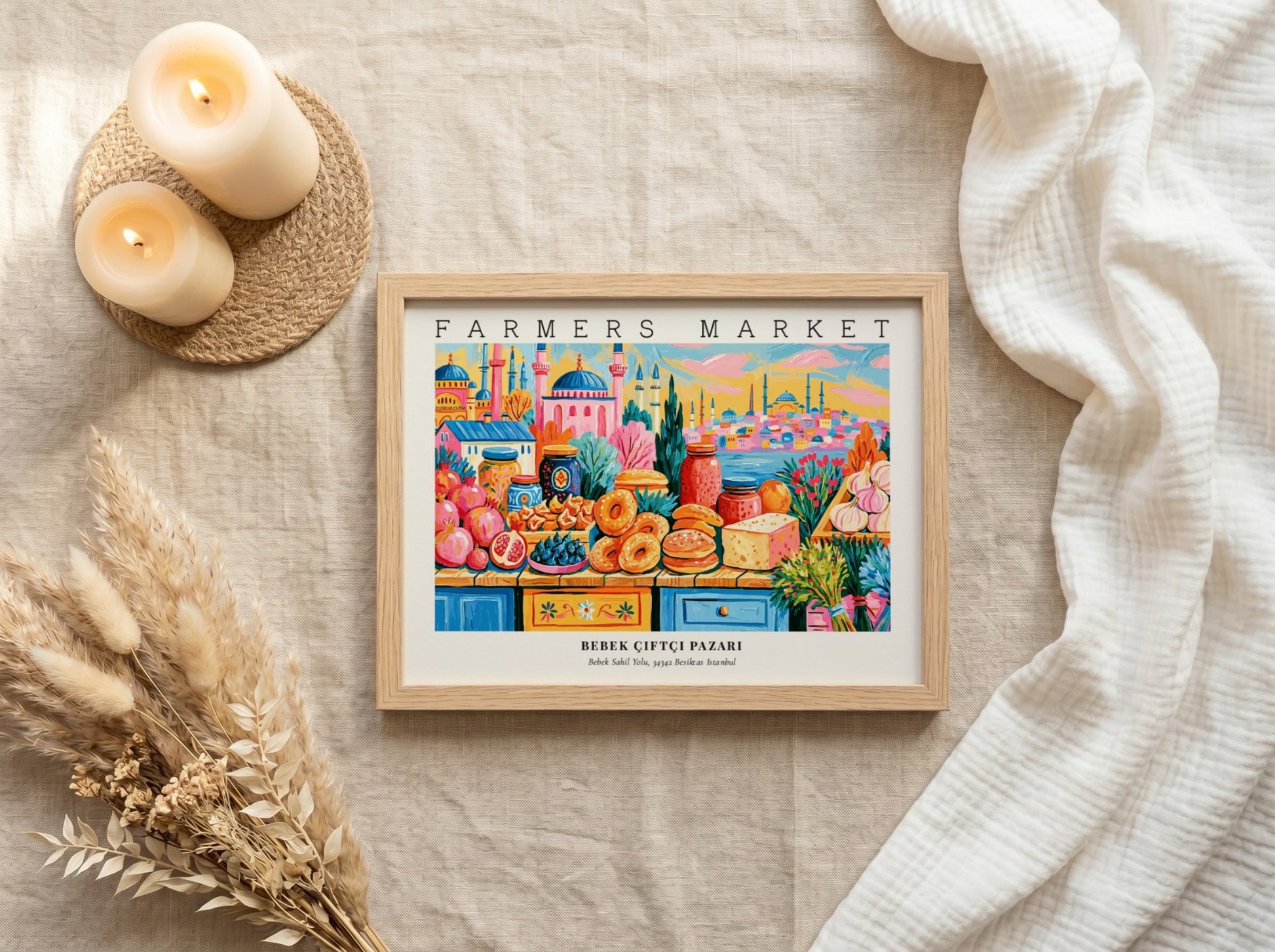 farmers market poster featuring colorful produce and city landmarks