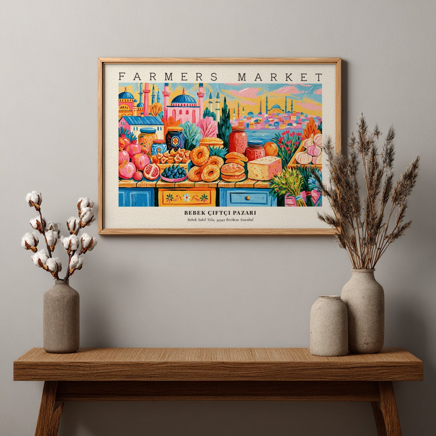 farmers market poster featuring colorful produce and city landmarks