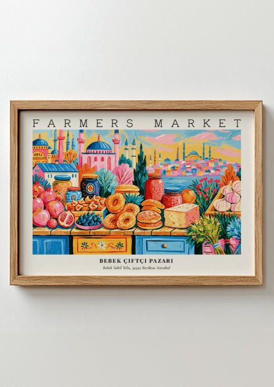 farmers market poster featuring colorful produce and city landmarks