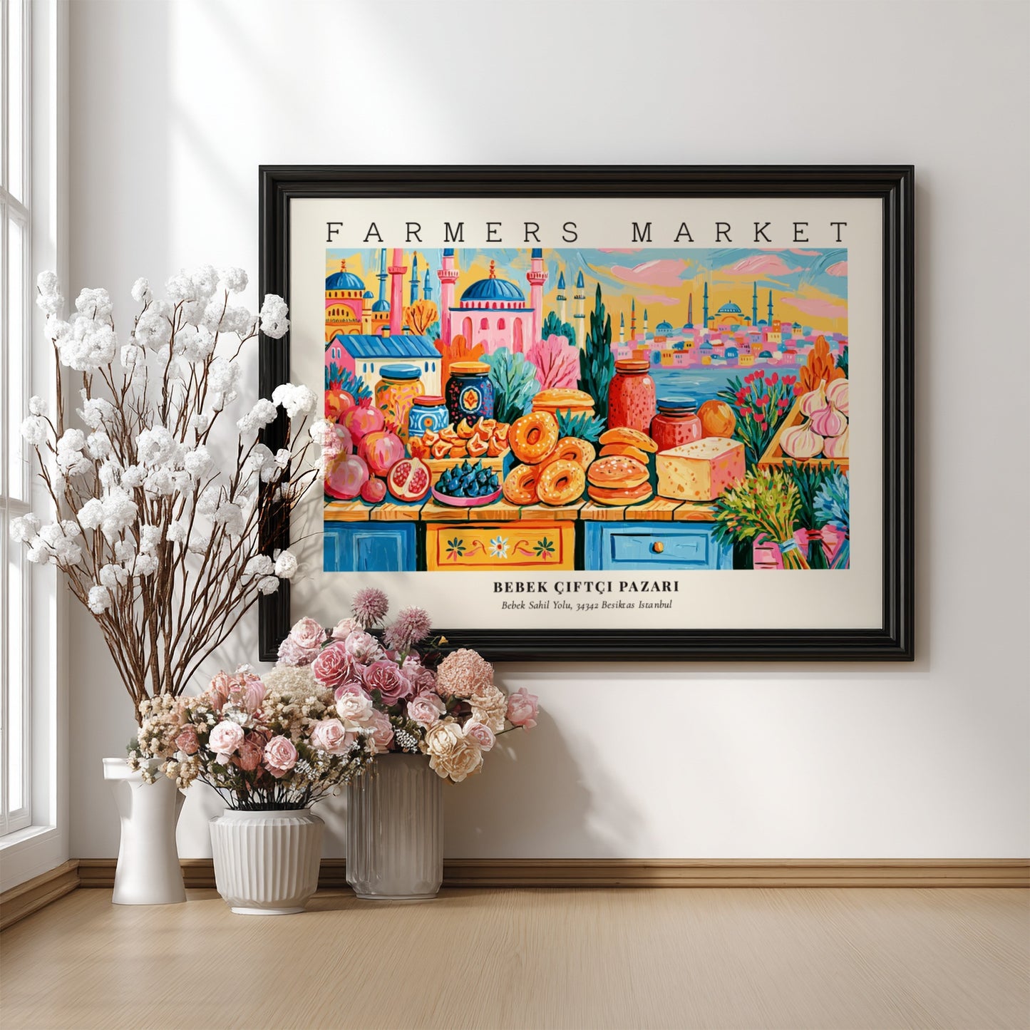 farmers market poster featuring colorful produce and city landmarks