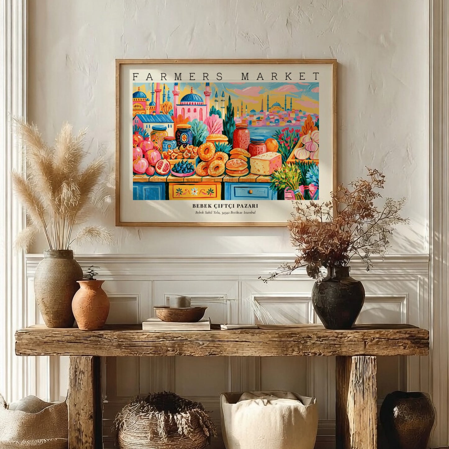 farmers market poster featuring colorful produce and city landmarks