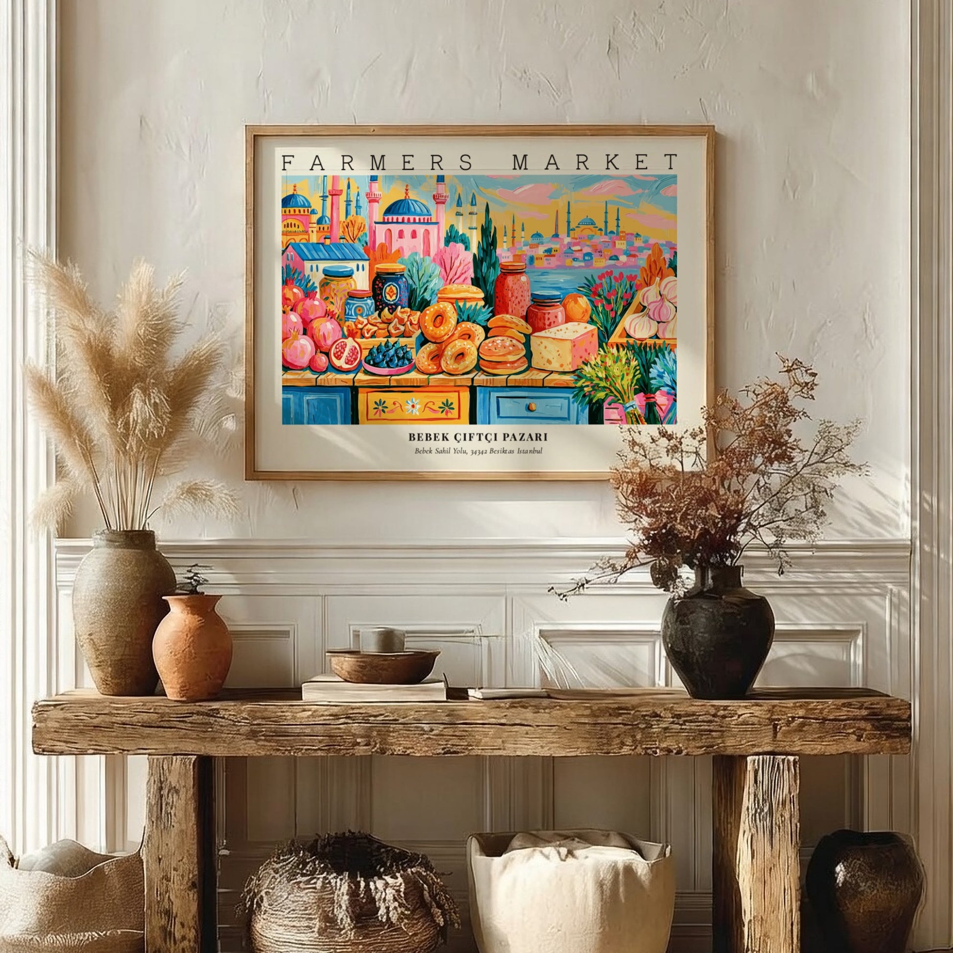 farmers market poster featuring colorful produce and city landmarks