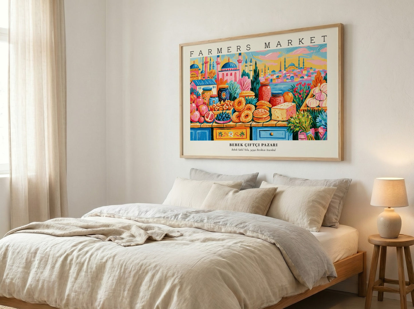 farmers market poster featuring colorful produce and city landmarks