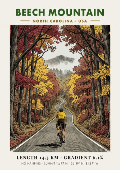 Poster of a cyclist riding up a winding Beech Mountain road in autumn