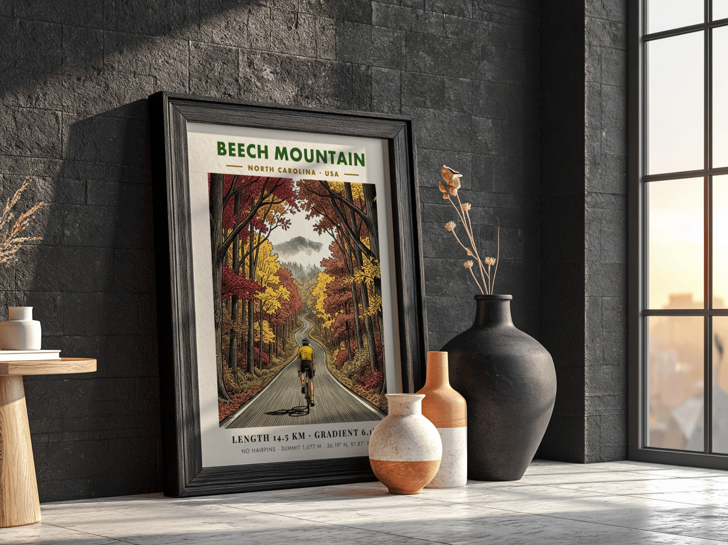 Poster of a cyclist riding up a winding Beech Mountain road in autumn
