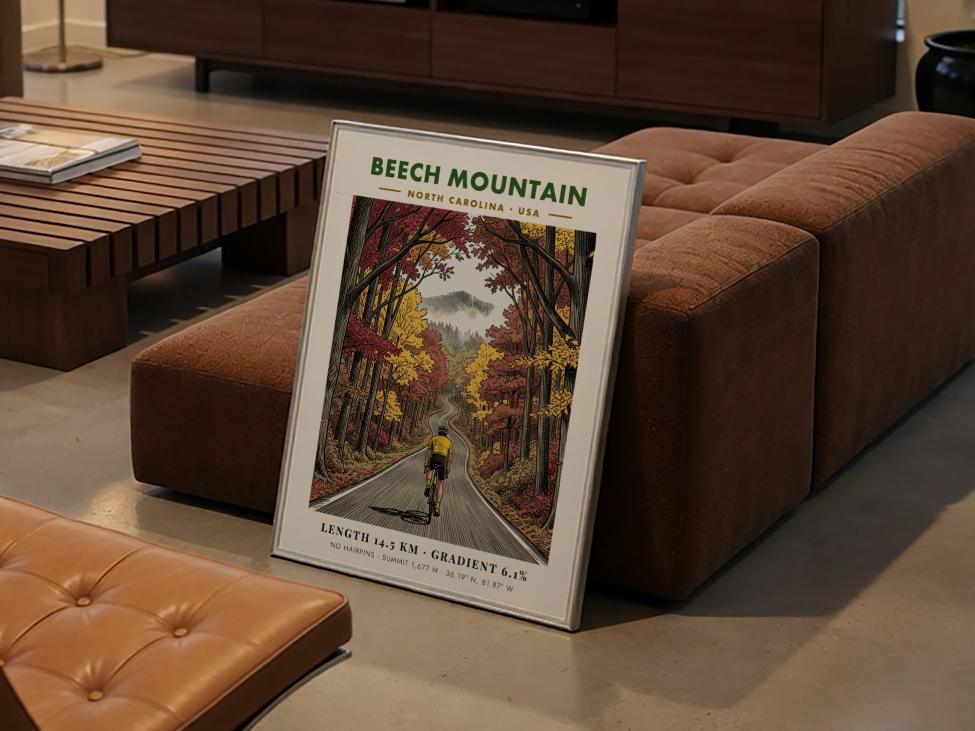 Poster of a cyclist riding up a winding Beech Mountain road in autumn