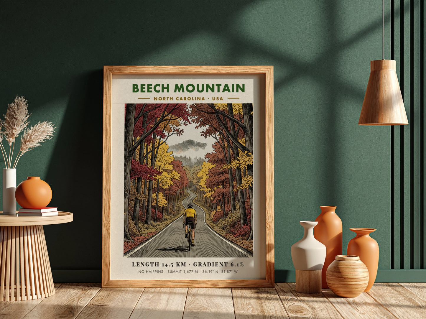 Poster of a cyclist riding up a winding Beech Mountain road in autumn