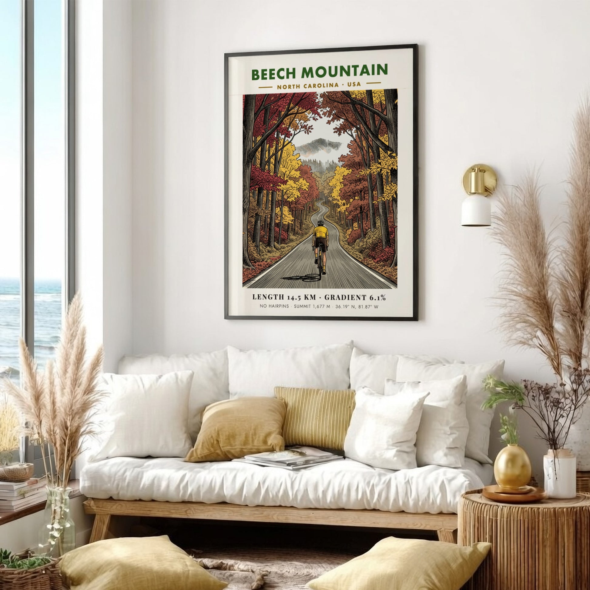 Poster of a cyclist riding up a winding Beech Mountain road in autumn