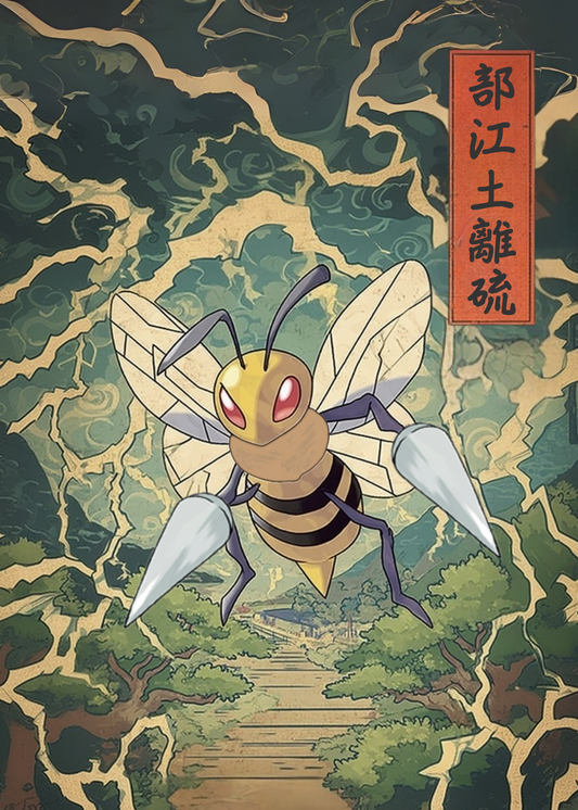 Animated Beedrill Pokemon on a stylized forest background
