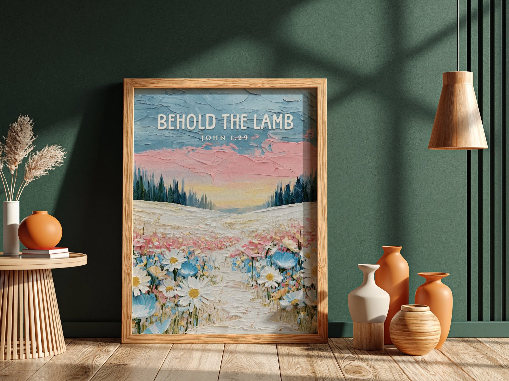 Behold The Lamb poster featuring a vibrant wildflower landscape in soft pastels, ideal for religious wall