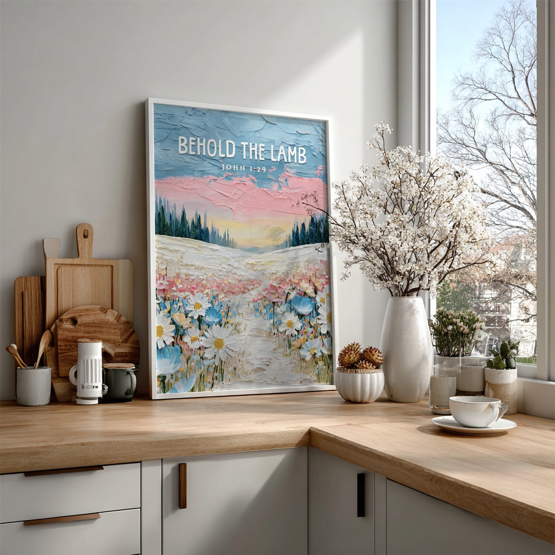Behold The Lamb poster featuring a vibrant wildflower landscape in soft pastels, ideal for religious wall