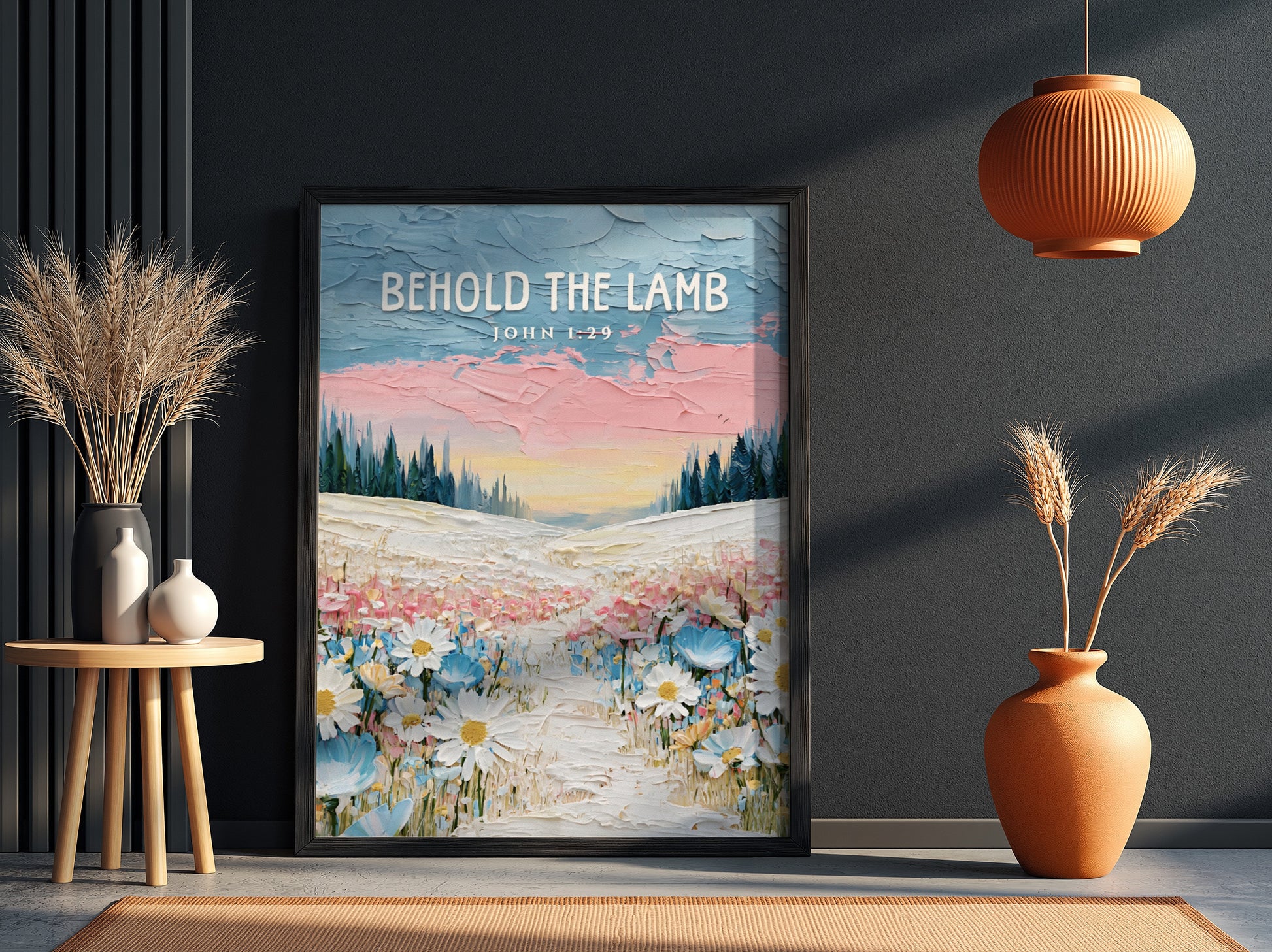 Behold The Lamb poster featuring a vibrant wildflower landscape in soft pastels, ideal for religious wall