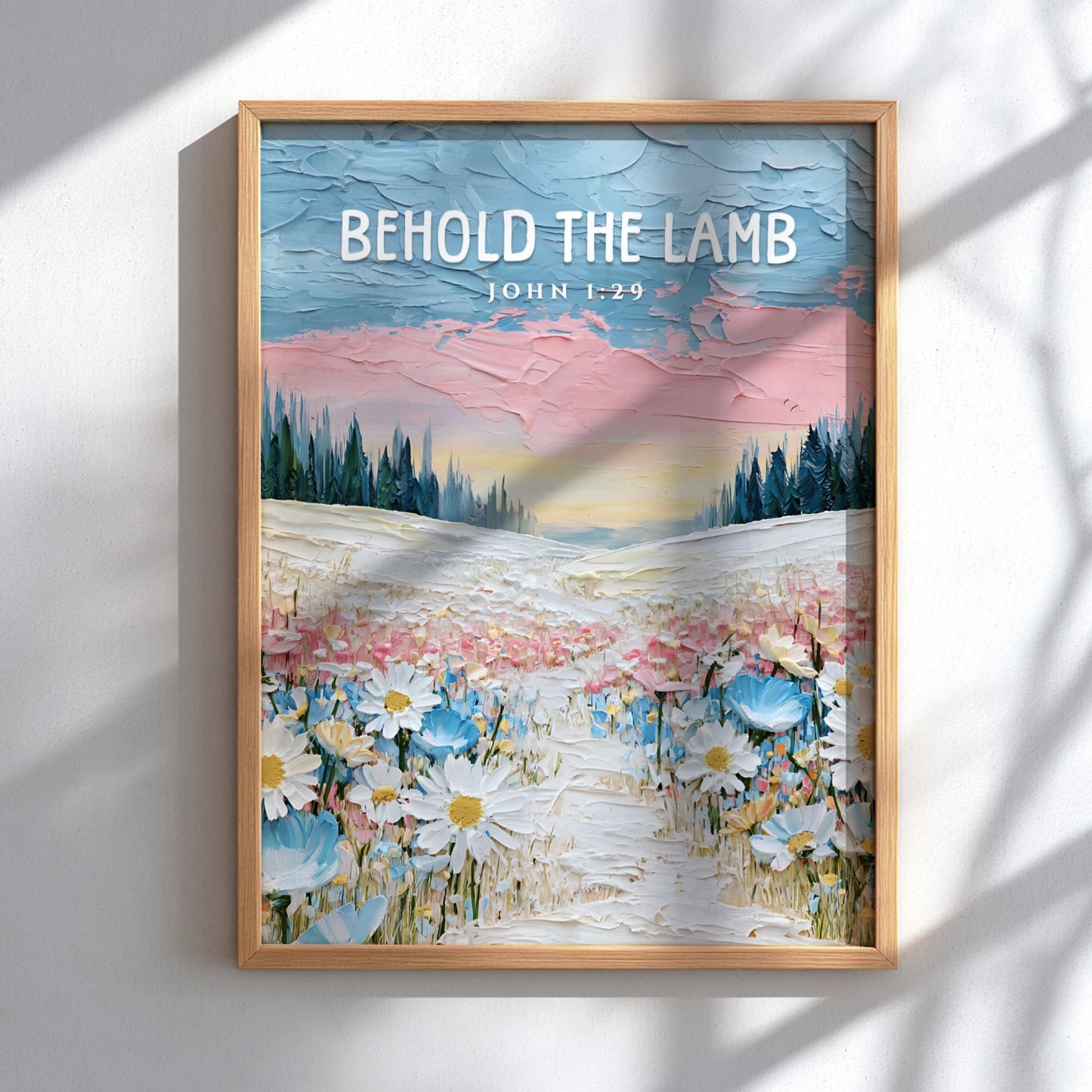 Behold The Lamb poster featuring a vibrant wildflower landscape in soft pastels, ideal for religious wall