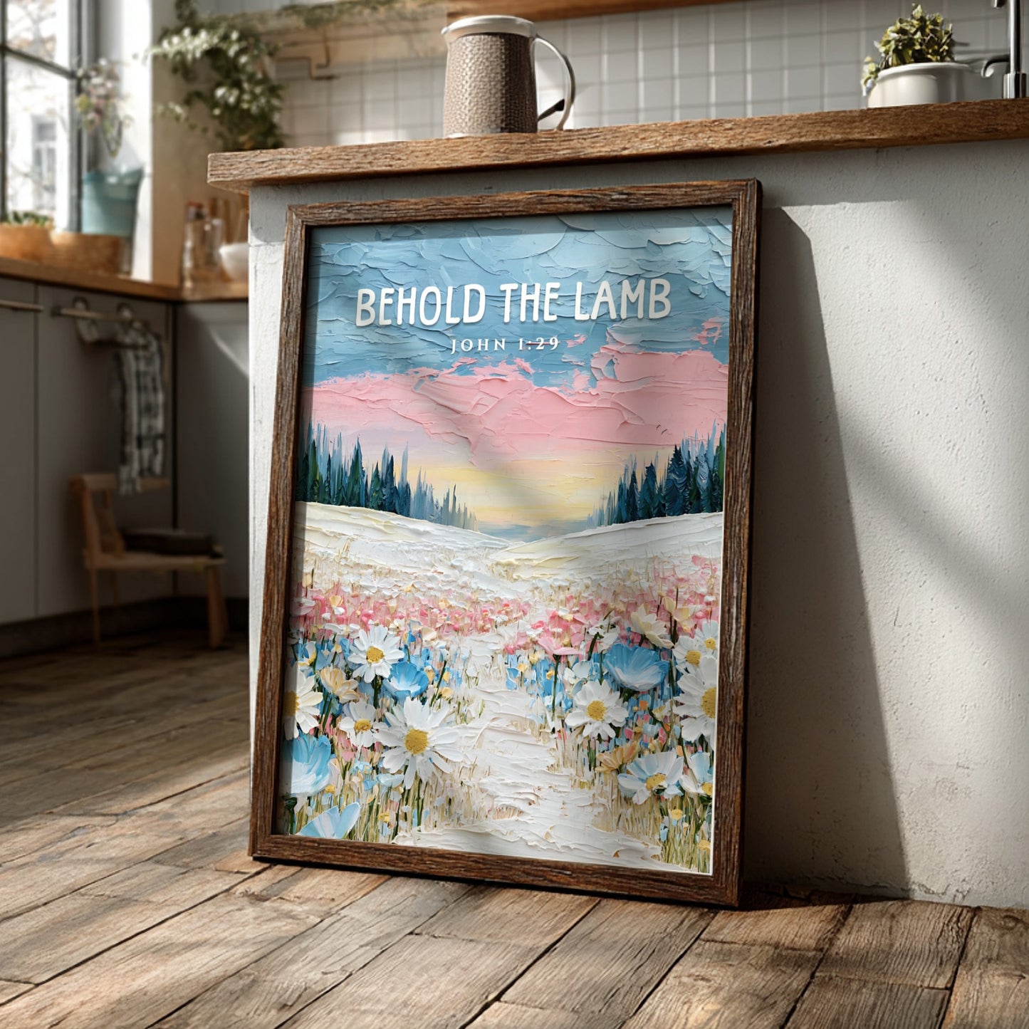 Behold The Lamb poster featuring a vibrant wildflower landscape in soft pastels, ideal for religious wall