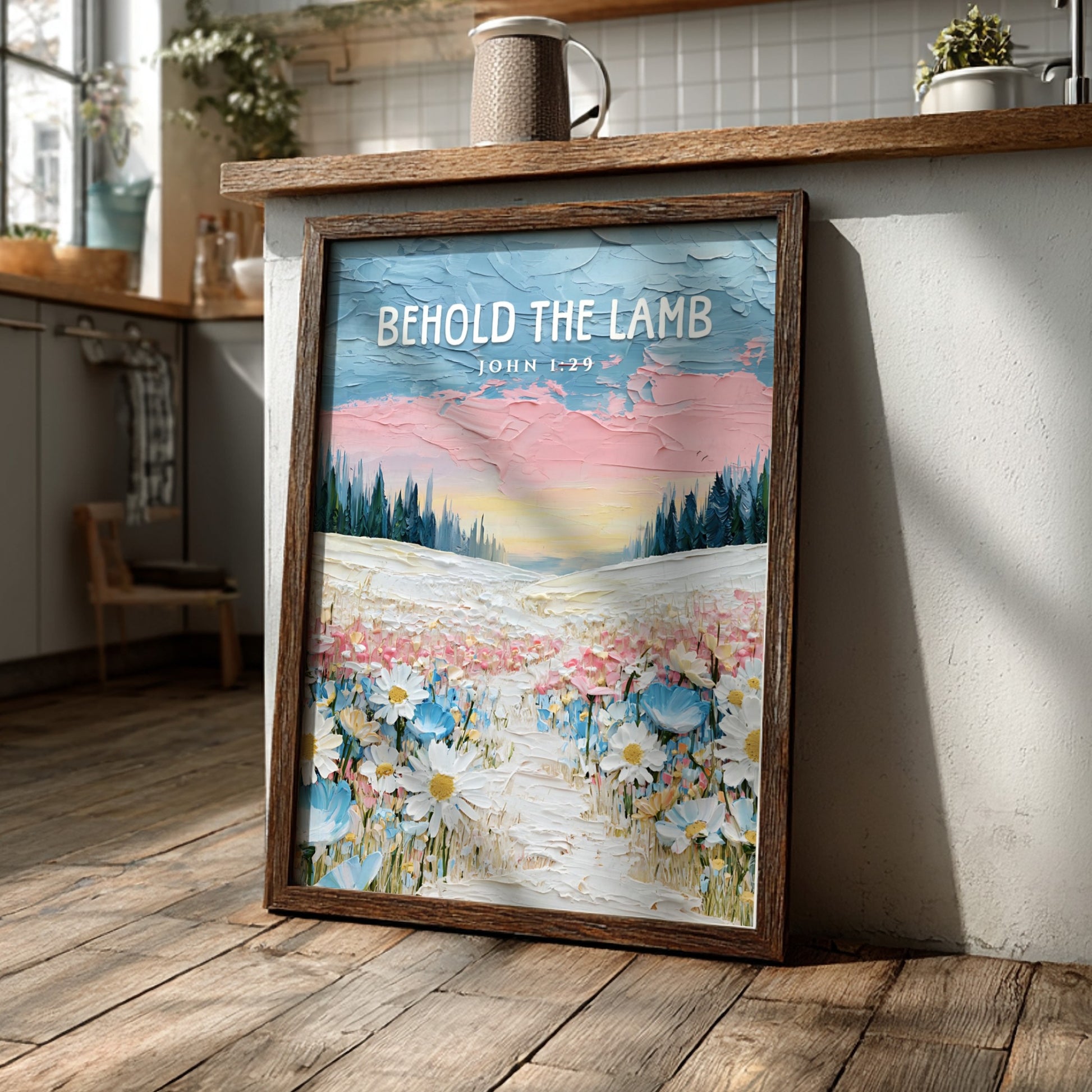 Behold The Lamb poster featuring a vibrant wildflower landscape in soft pastels, ideal for religious wall