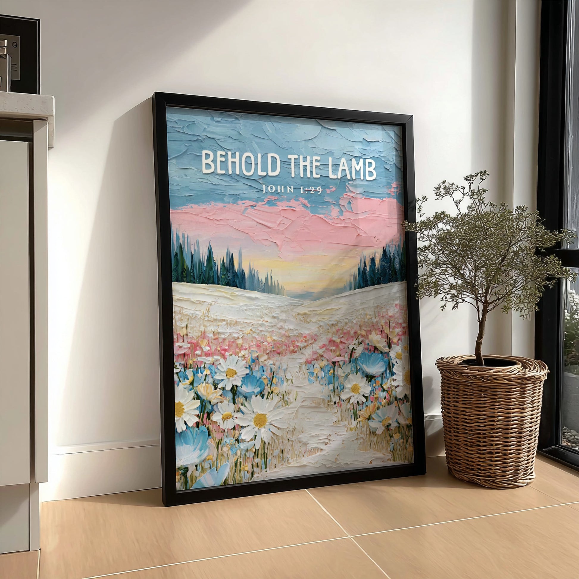 Behold The Lamb poster featuring a vibrant wildflower landscape in soft pastels, ideal for religious wall