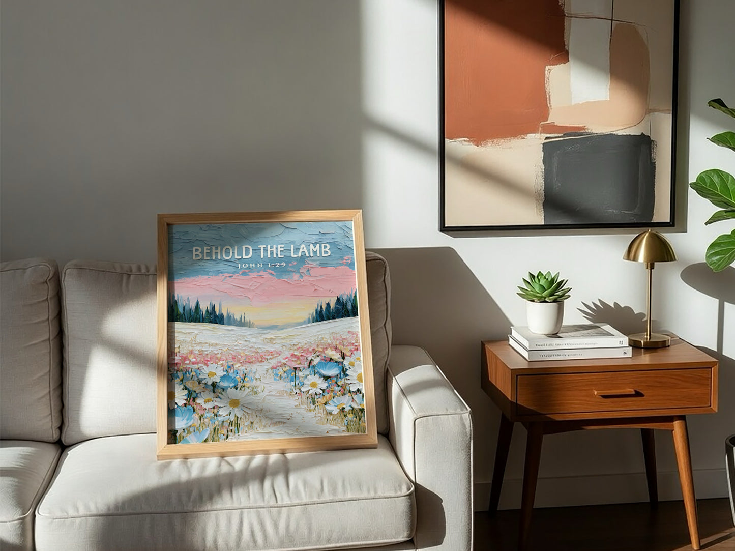 Behold The Lamb poster featuring a vibrant wildflower landscape in soft pastels, ideal for religious wall
