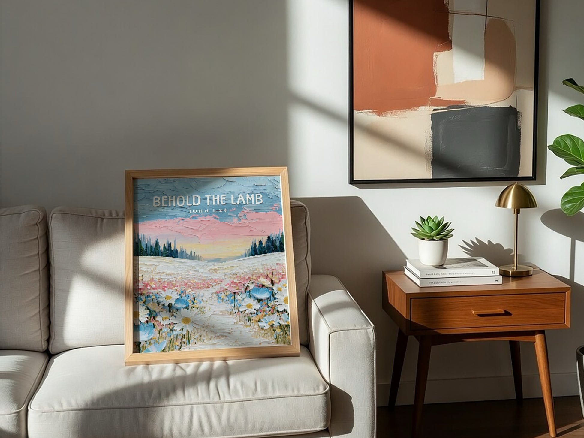 Behold The Lamb poster featuring a vibrant wildflower landscape in soft pastels, ideal for religious wall