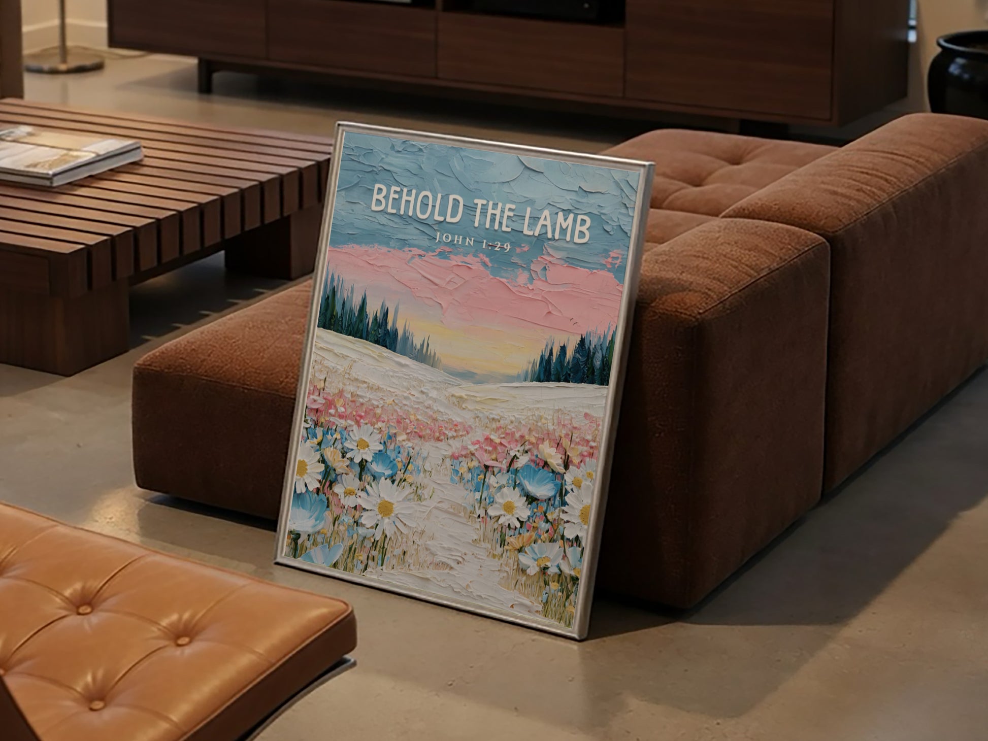Behold The Lamb poster featuring a vibrant wildflower landscape in soft pastels, ideal for religious wall