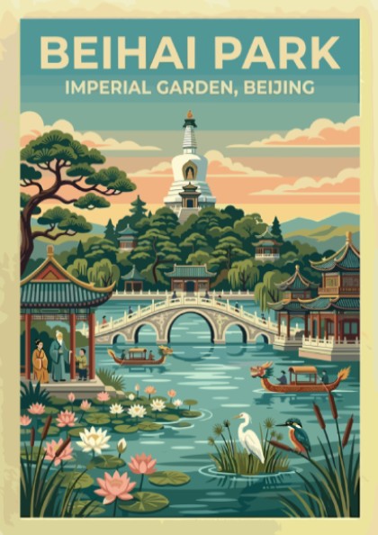 Beihai Park travel poster featuring vintage landscape art with greenery and traditional architecture