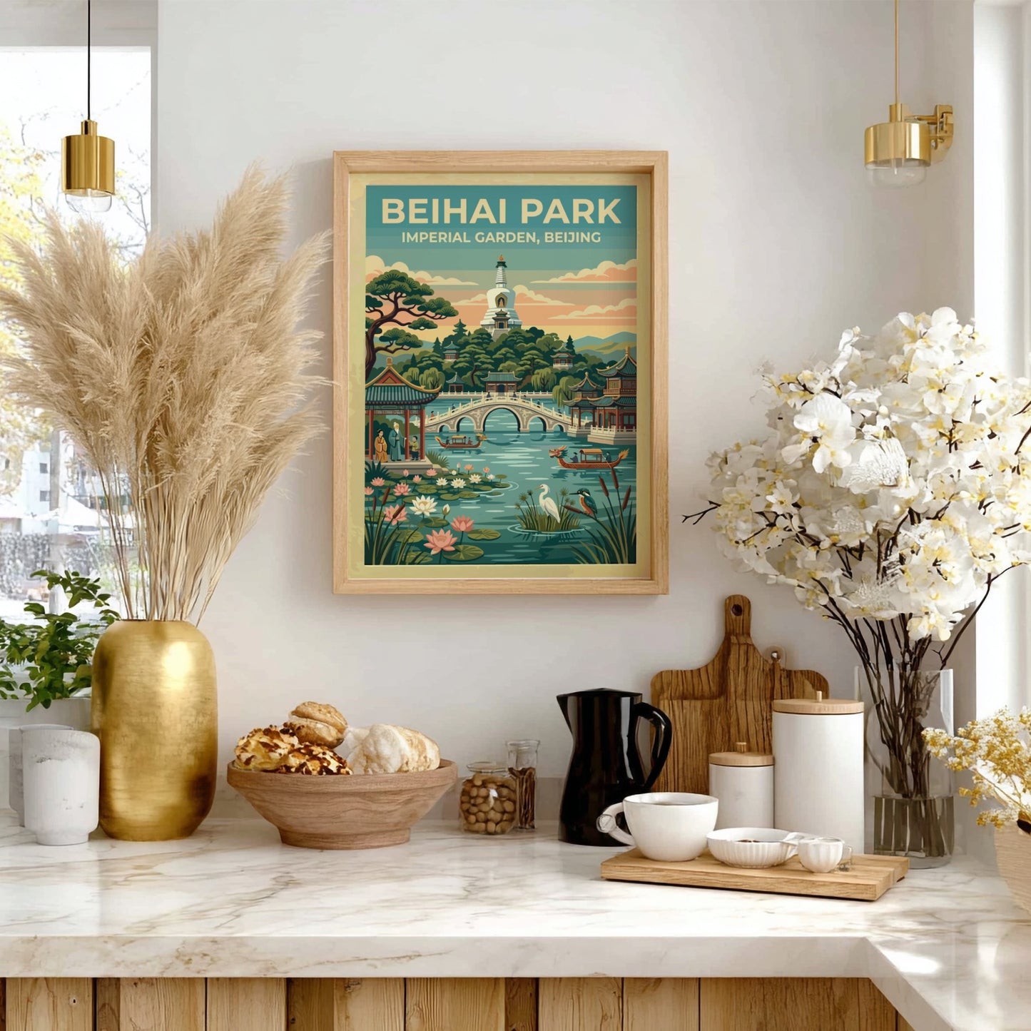 Beihai Park travel poster featuring vintage landscape art with greenery and traditional architecture