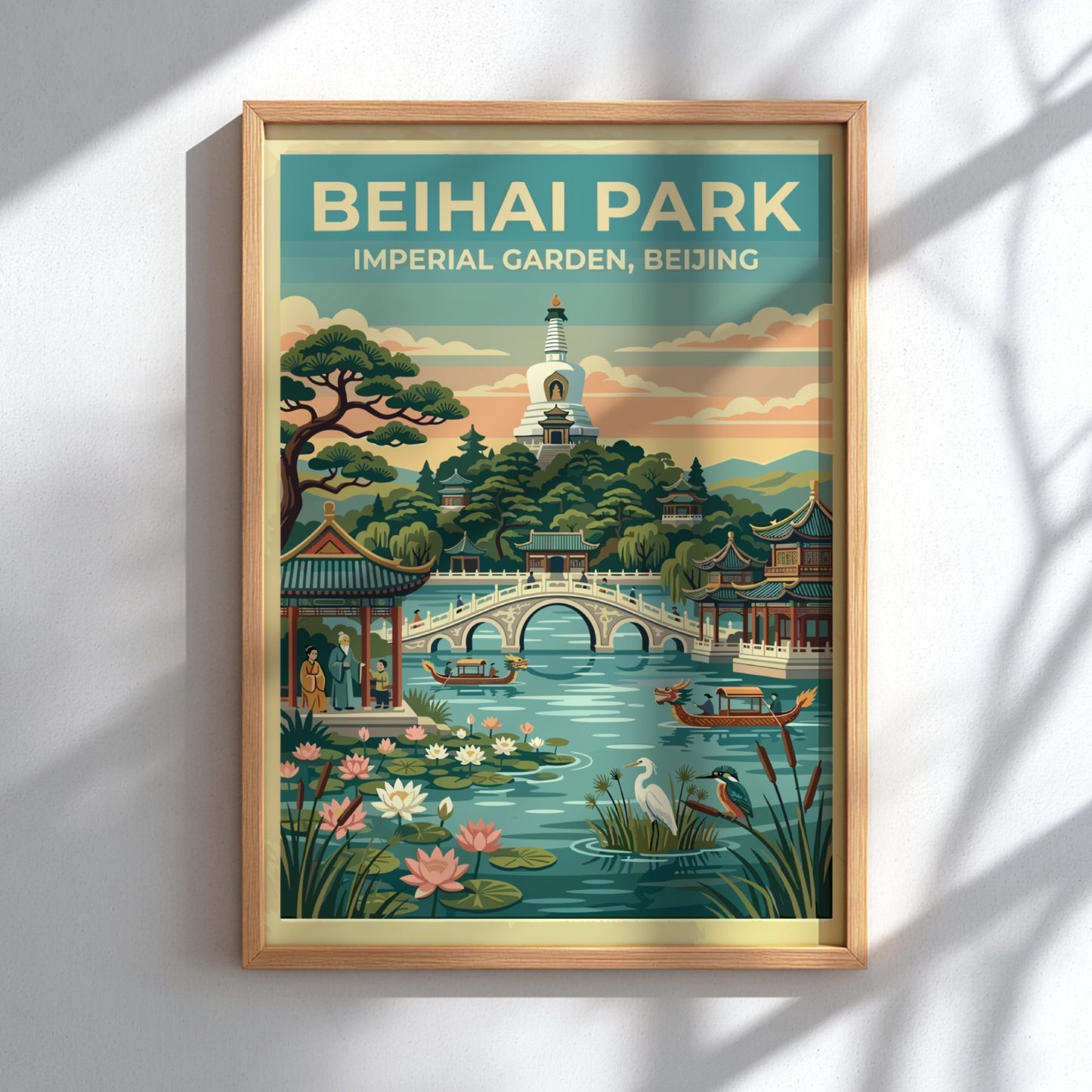 Beihai Park travel poster featuring vintage landscape art with greenery and traditional architecture