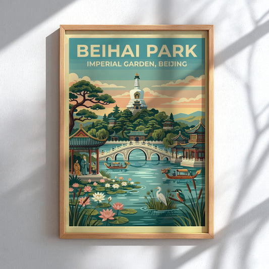 Beihai Park travel poster featuring vintage landscape art with greenery and traditional architecture