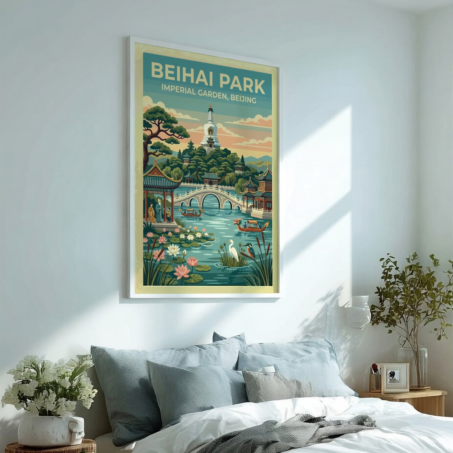 Beihai Park travel poster featuring vintage landscape art with greenery and traditional architecture